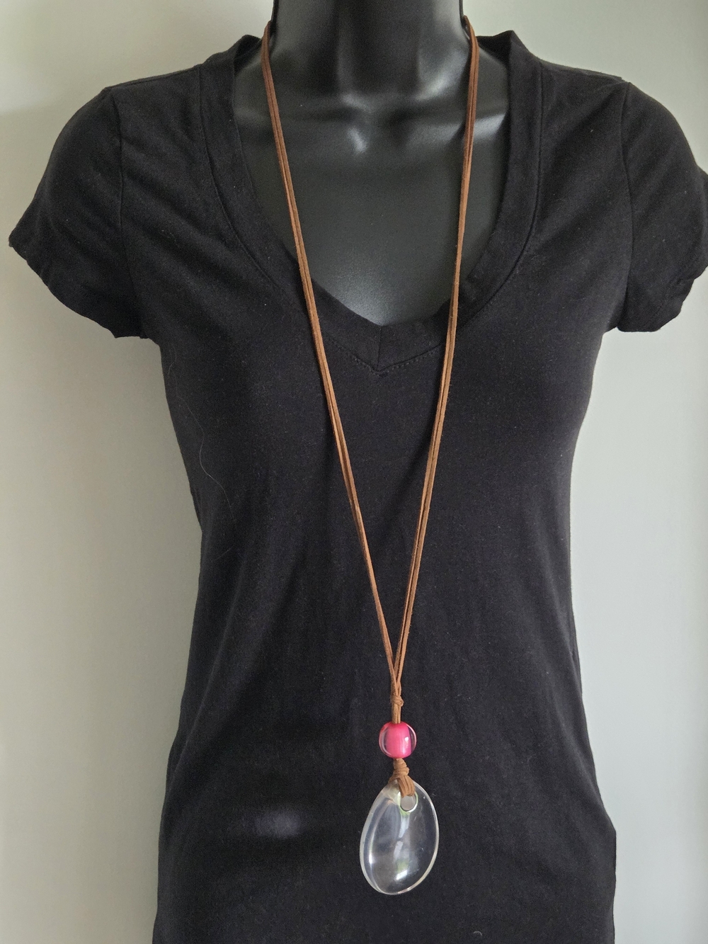 Chico's Brown Leather Cord Necklace with Pink Bead and Clear Pendant
